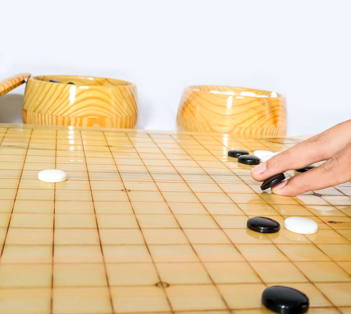 Handmade natural pine wood Go game board with stones