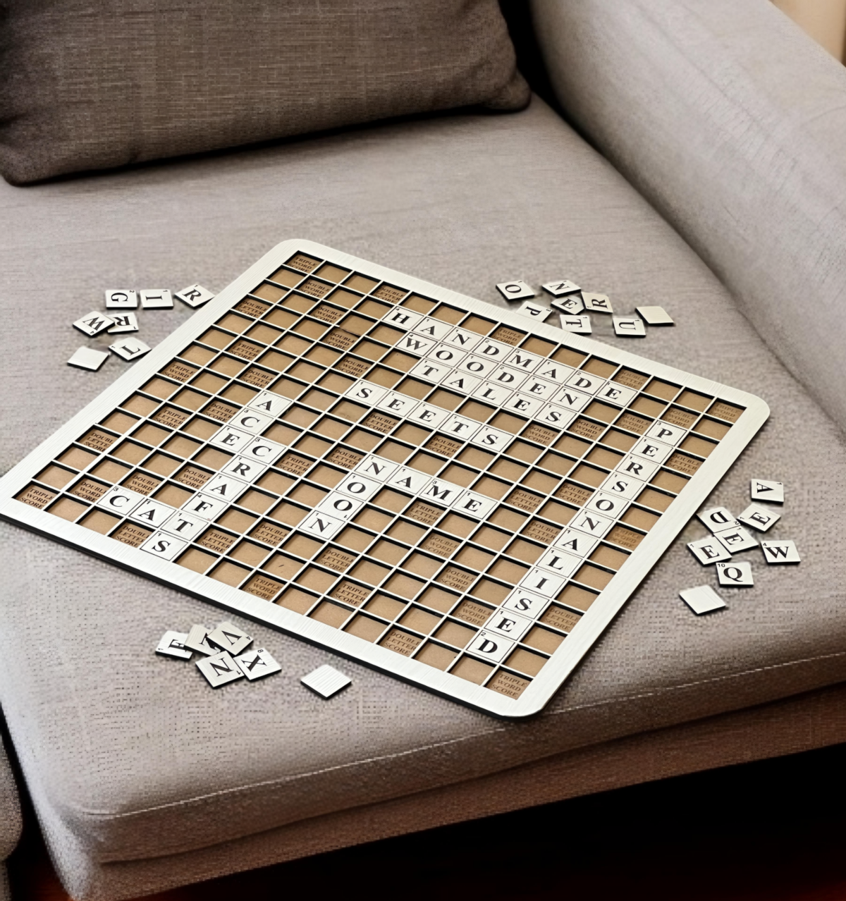 Large 18-inch diameter wooden Scrabble board displayed as rustic wall art, blending vintage charm with modern home decor