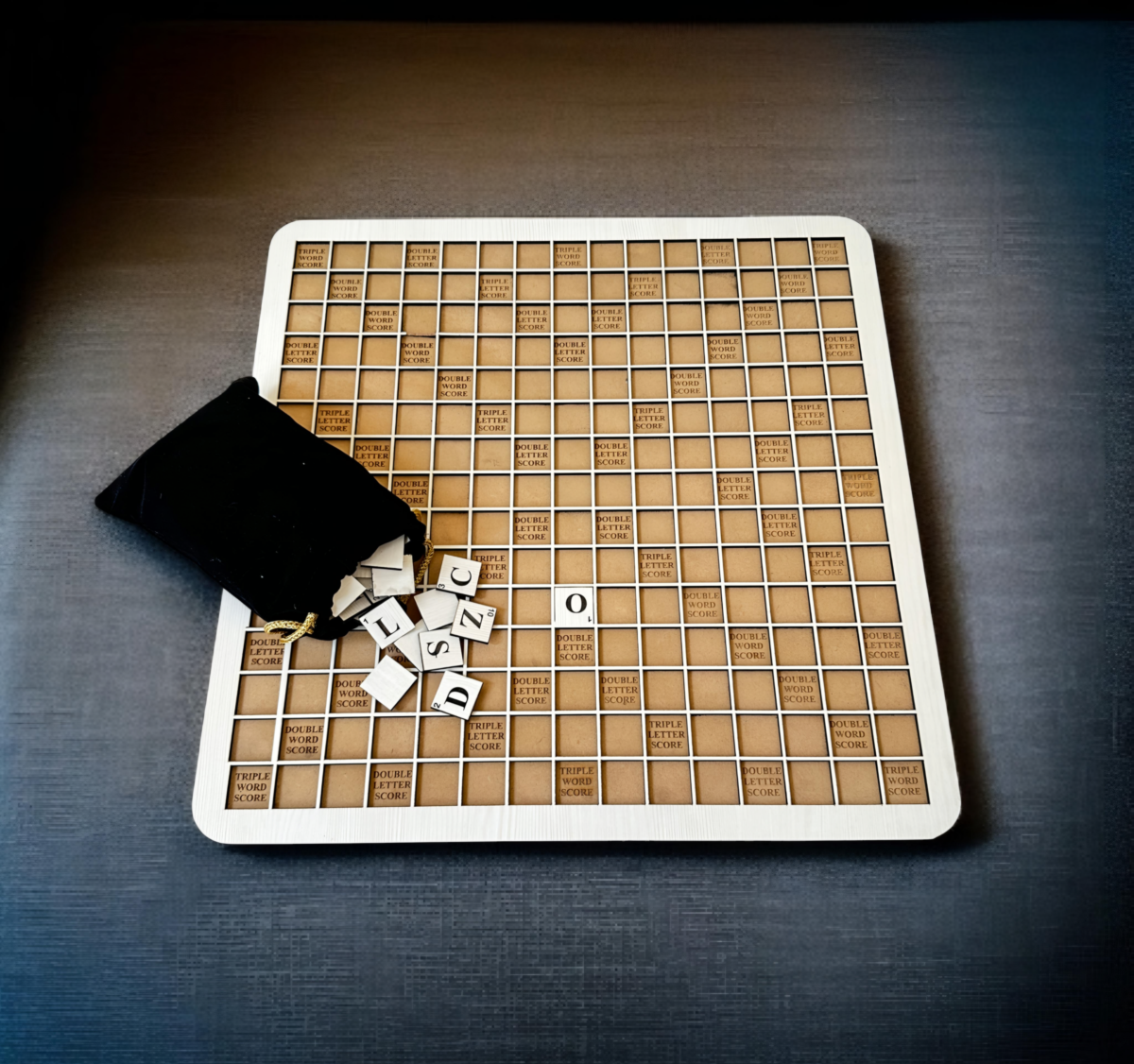 Eco-friendly MDF wood Scrabble set with 100 standard and 28 bonus tiles arranged in a playful word formation for creative gameplay.